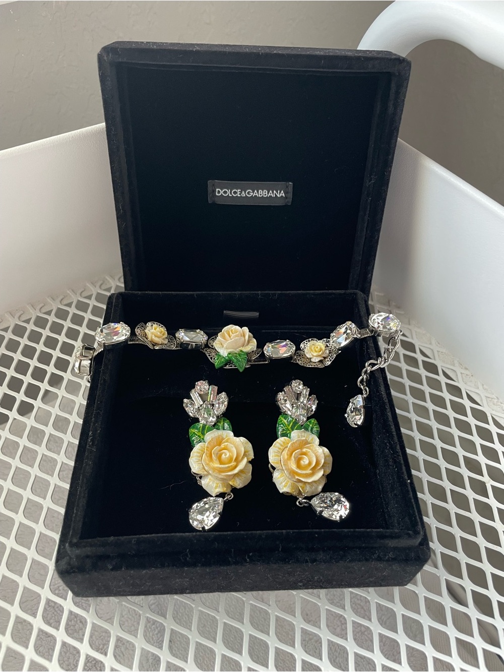 Dolce & Gabbana Yellow Rose Crystal Drop Earrings and Bracelet Set